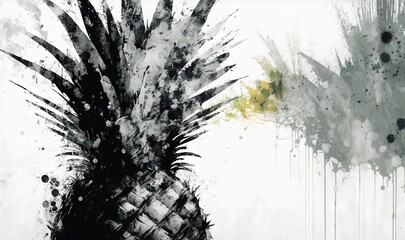 a black and white painting of a pineapple on a white background with yellow splats and a splash of paint on the side.  generative ai