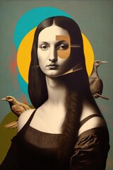 Abstract contemporary portrait of mona lisa with modern print pop art and paint on her face. Modern design of colorful and conceptual bright art collage. AI Generated