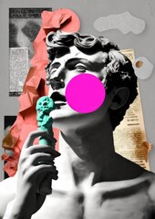 Modern collage of antique statue with buble gum, pop art style, ai generated