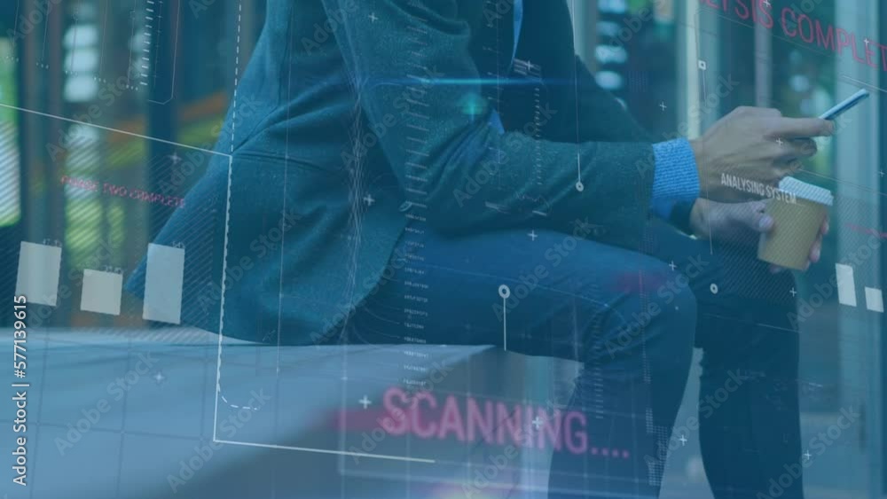 Poster animation of data processing over caucasian man using smartphone