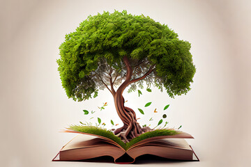 Tree growing from opened old book. Generative Ai