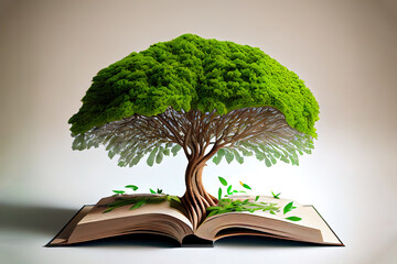 Tree growing from opened old book. Generative Ai