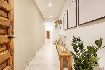 Entrance hall of the house with light wooden flooring and wooden paneled doors