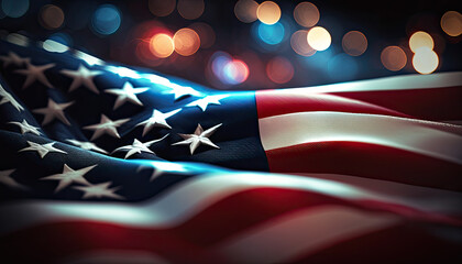 Celebratory fireworks on the background of the US flag at night. Independence day. Generative AI