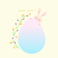 A bunny hides behind an Easter gradient egg. Spring flowers, crocuses. Happy easter lettering. Vector illustration