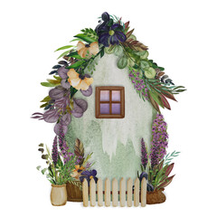 Fairytale watercolor house surrounded by flowers and plants