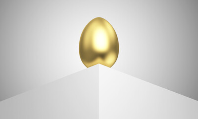 Front view of Gold Easter Egg standing on a corner of white box on studio background