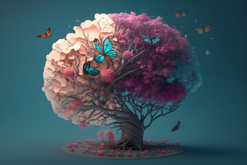 Human brain tree with flowers and butterflies, self care and mental health concept generative ai