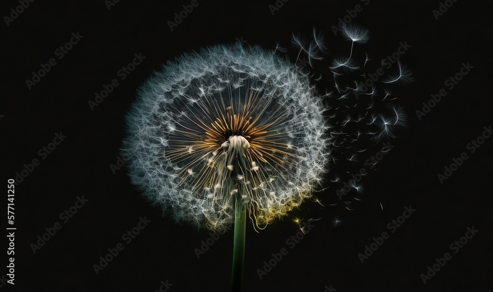 Poster  a dandelion is blowing in the wind on a black background with a small light shining on the dandelion and the seeds.  generative ai