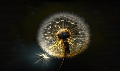  a dandelion with a black background and a yellow light shining on the dandelion it is blowing in the wind and has a black background.  generative ai