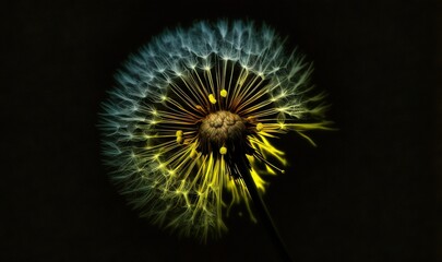  a dandelion with yellow and blue petals on a black background with a black background and a black background with a yellow and blue dandelion in the center.  generative ai
