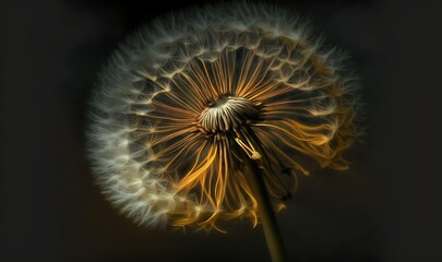  a dandelion with a black background and a blurry image of the dandelion in the foreground is a black background.  generative ai