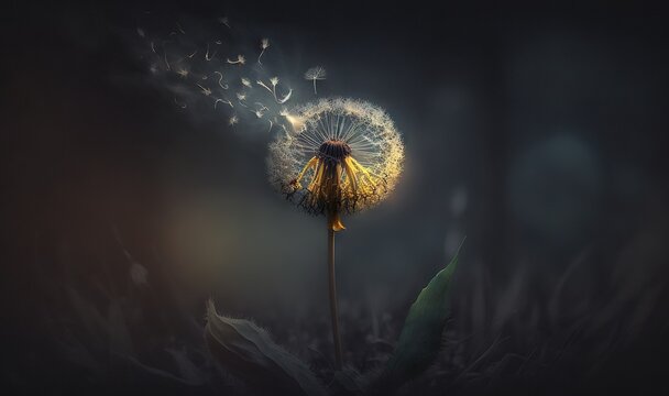  a dandelion blowing in the wind with a dark background and a blurry image of a dandelion in the foreground.  generative ai