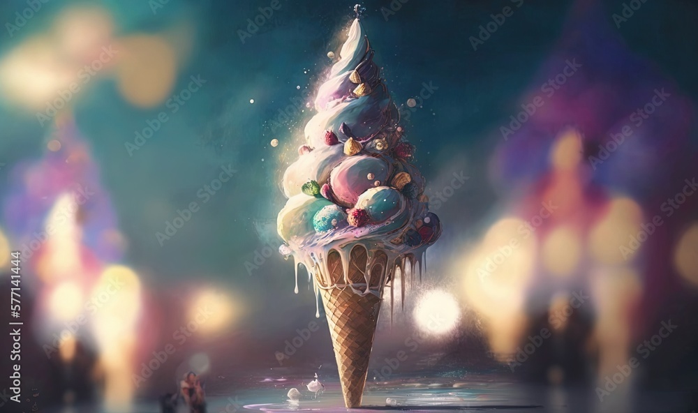Poster an ice cream cone with a christmas tree on top of it in front of a crowd of people standing around t