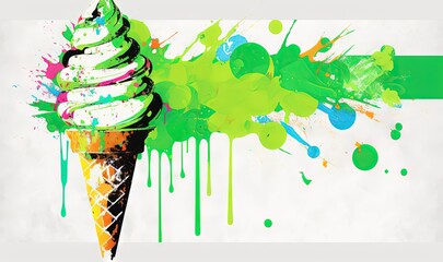  an ice cream cone with splatters and paint splatters on it's side, with a green and white stripe in the background.  generative ai