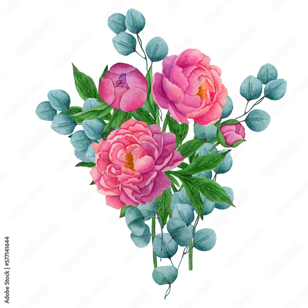 Wall mural pink peony flowers in watercolor. 2