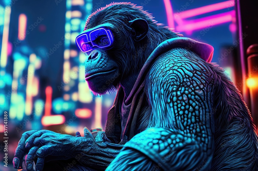 Poster chimpanzee futuristic cyber hacker generative ai