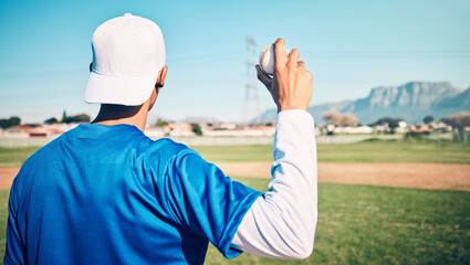 Naklejka premium Sports athlete, baseball field or man with ball for competition, practice match or pitcher training workout. Softball, grass pitch or back view of player doing fitness, exercise or pitching challenge