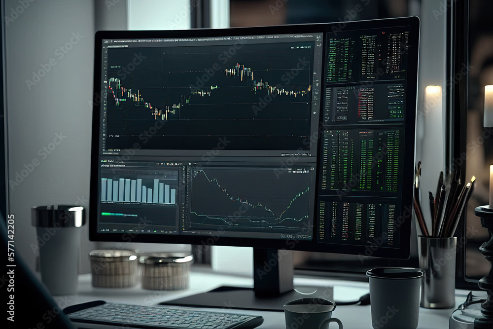 Poster trader workplace. computer monitor with stock market charts on screen. economic concept. financial c