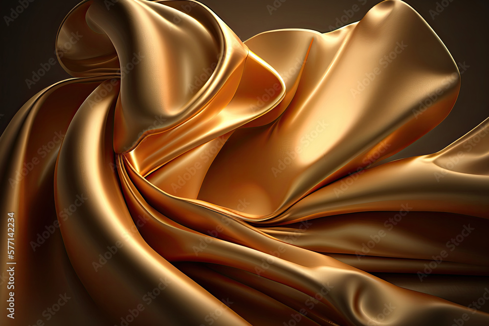 Poster golden colored silk surface with folds. abstract background. textile surface with waves and wrinkles