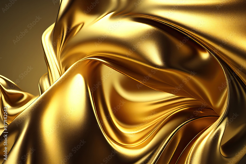 Poster golden colored silk surface with folds. abstract background. textile surface with waves and wrinkles