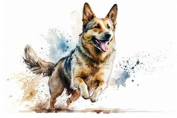 Dog Running Illustration, Watercolor Painting Graphic Design.
