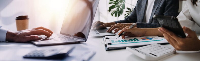 Team Of Business working at office with documents on his desk, doing planning analyzing the financial report, business plan investment, finance analysis concept