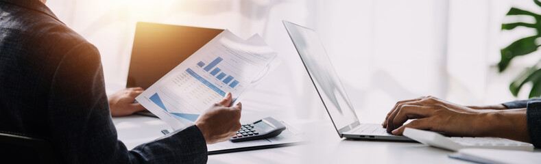 Team Of Business working at office with documents on his desk, doing planning analyzing the financial report, business plan investment, finance analysis concept