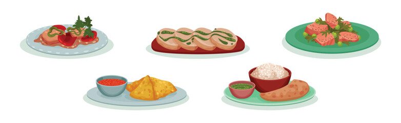 Tasty Food and Served Appetizing Meal Vector Set