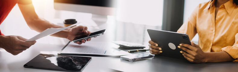 Team Of Business working at office with documents on his desk, doing planning analyzing the financial report, business plan investment, finance analysis concept