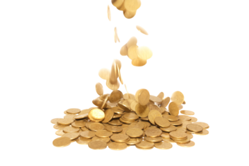 Golden coins money jackpot fall rain in PNG isolated on transparent background
