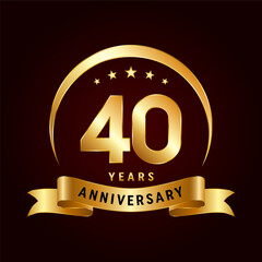 40th Anniversary logo design with golden ribbon. Logo Vector Template Illustration