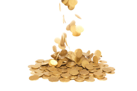 Golden coins money jackpot fall rain in PNG isolated on transparent background