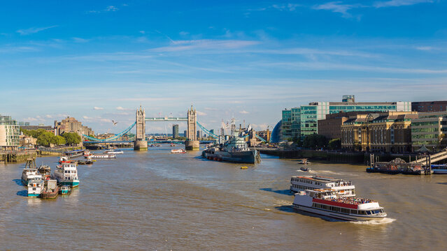 Tower Bridge and HMS Belfast warship in London