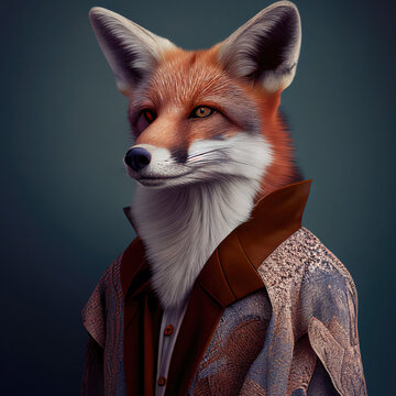 Portrait of fox in human clothing. Creative portrait of wild animal on abstract background. Antropomorphic animal. Created with Generative AI