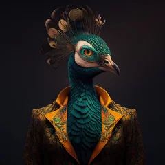 Fotobehang Portrait of peacock in human clothing. Creative portrait of wild animal on abstract background. Antropomorphic animal. Created with Generative AI © Lazy_Bear