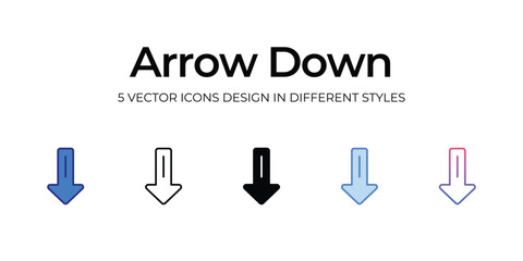 arrow down Icon Design in Five style with Editable Stroke. Line, Solid, Flat Line, Duo Tone Color, and Color Gradient Line. Suitable for Web Page, Mobile App, UI, UX and GUI design.