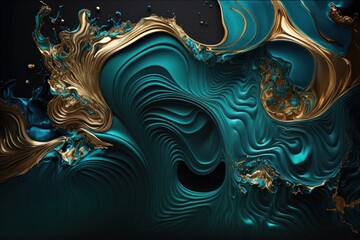 Fluid Art. Turquoise and blue abstract waves with golden particles on black background. Marble effect background or texture