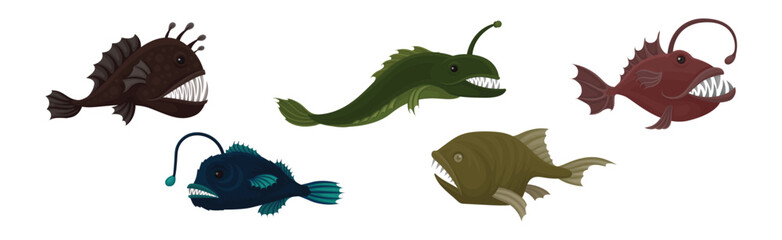 Fish of the Deep Blue Sea with Toothy Lanternfish Vector Set