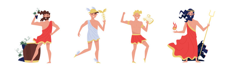 Ancient Greek Deity in Antique Clothing as Myth and Legend Hero Vector Set
