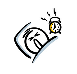 Doodle disgruntled man on the bed woke up early in the morning to the sound of an alarm clock.