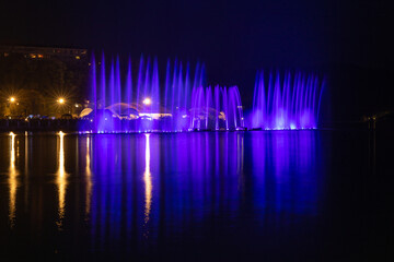 View of the musical singing fountains on the lake Abrau-Durso. Novorossiysk. Russia. 05.01.2021