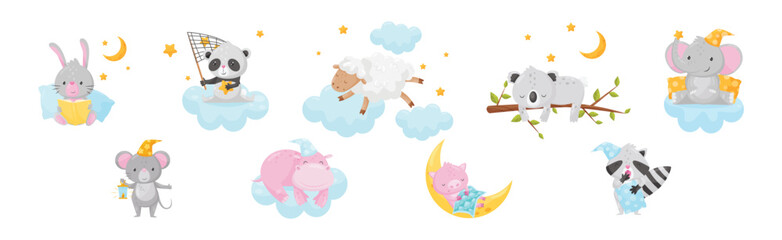 Cute Little Animals Sleeping Under Starry Sky with Crescent Vector Set