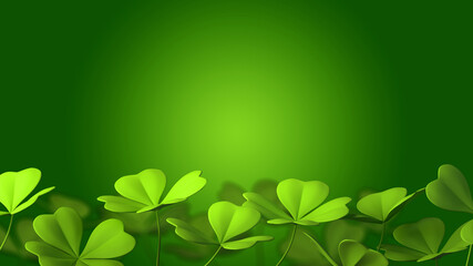 Frame of Shamrocks clover leaves St. Patrick's Day celebrating background on blurred light green background. 3d rendering