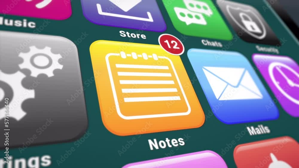 Poster video animation of a smartphone screen. in focus a note app with notifications. moving background.
