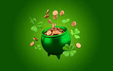 Pot of gold St. Patrick's Day. Shamrocks and gold coins on dark green background. 3d rendering