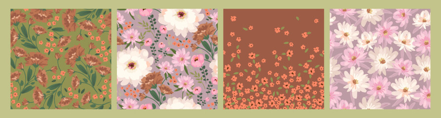 Floral seamless patterns and border. Vector design for paper, cover, fabric, interior decor and other