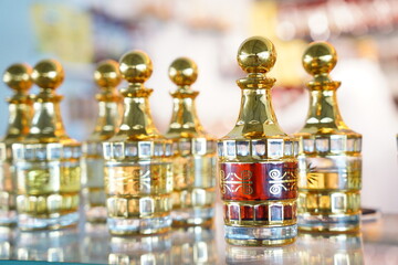 Oud bottles or perfume on display at the gift shop souvenir, arab souvenir traditional oud bottle...