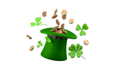 Leprechauns hat full of gold coins. Celebrating St. Patrick's Day. Shamrocks and gold coins isolated on white background. 3d rendering