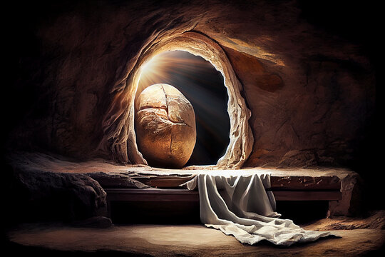 Resurrection of Jesus Christ, empty grave tomb with shroud, bible story of Easter, crucifixion at sunrise, generative AI